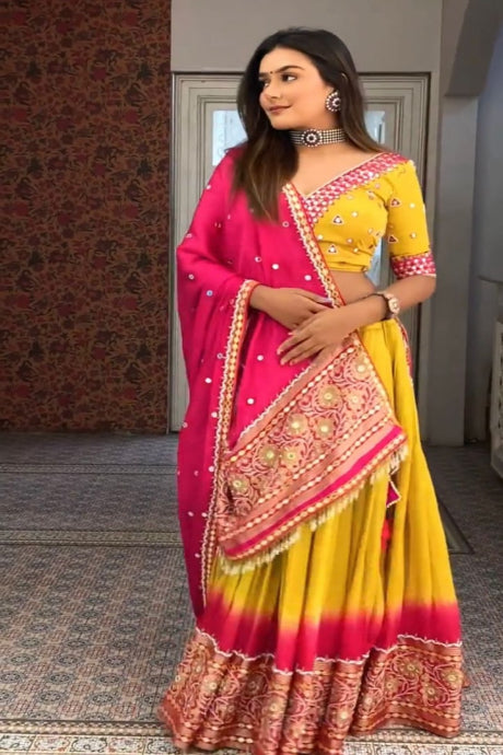 Amiable Yellow Color Mirror Jardoshi Embroidery Work Designer Lehenga