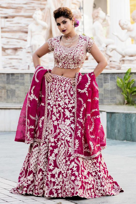 One Piece Soft Net Embroidery pink color Lehenga Choli Online