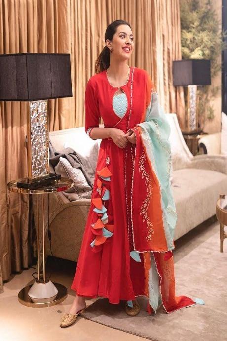 red Color Heavy Chikankari Reyon Salwar Suits For Girls