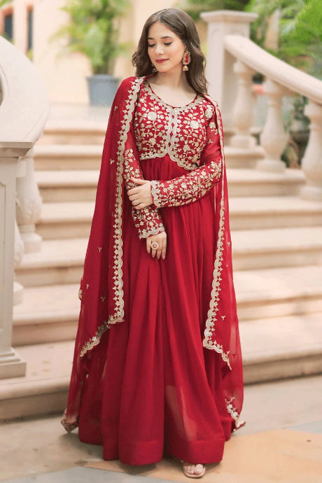 Red Color Anarkali Designser Embroidery Work Gown Dress for girls