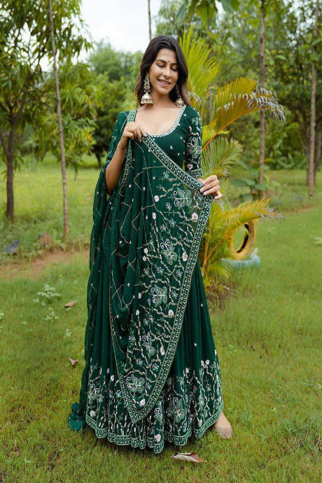 Party Wear green color Jardoshi Work A Line Designer gown for girls
