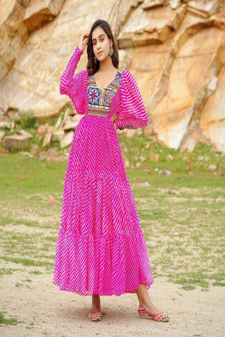 pink Color Printed Embroidery Work gown for girls