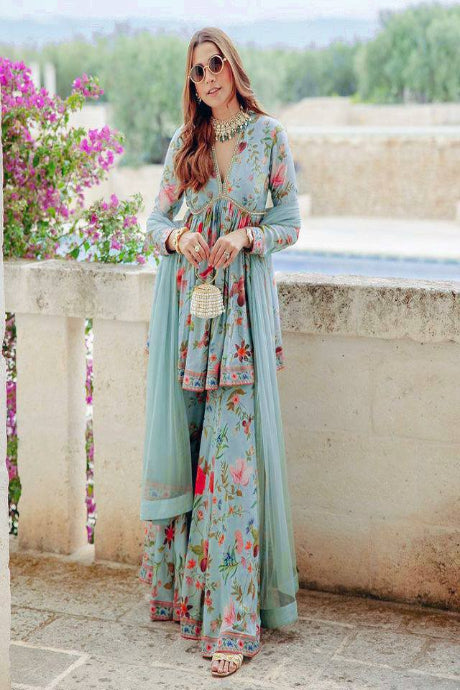 grey color Bollywood Fashion Designer Art Silk Jardoshi Work gown for girls