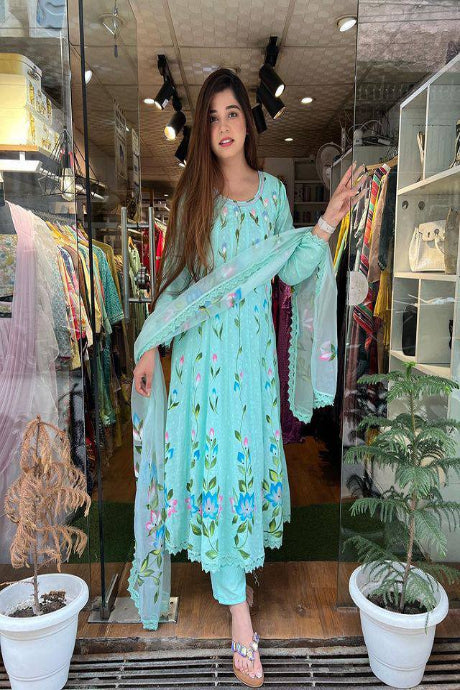 sky blue color Awesome Designer With Ruffle Layered Embroidery Work gown for girls