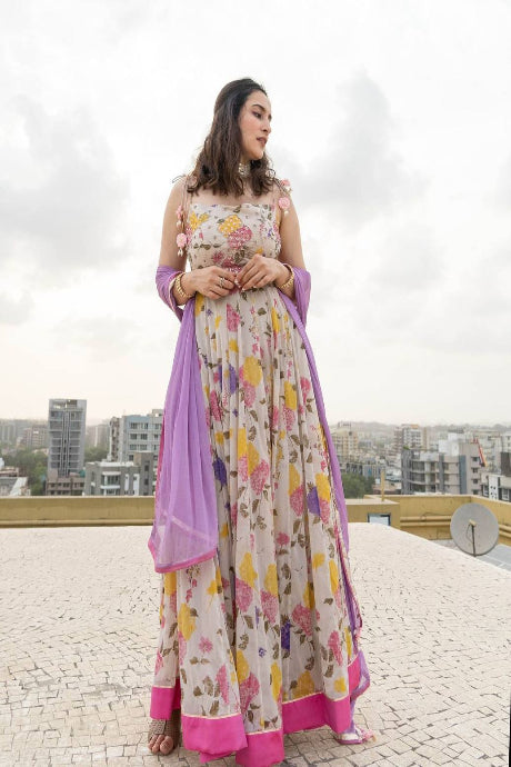 Party Wear Net Coffee Embroidery Work multi color gown for women