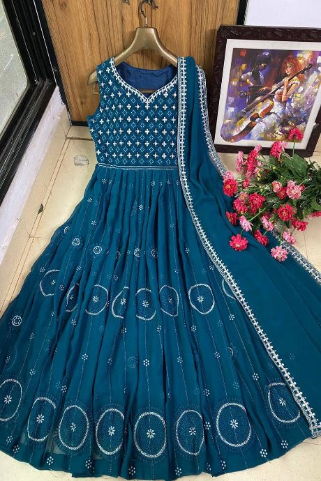Attractive Party Wear sky blue color Jardoshi Embroidery Work gown for women