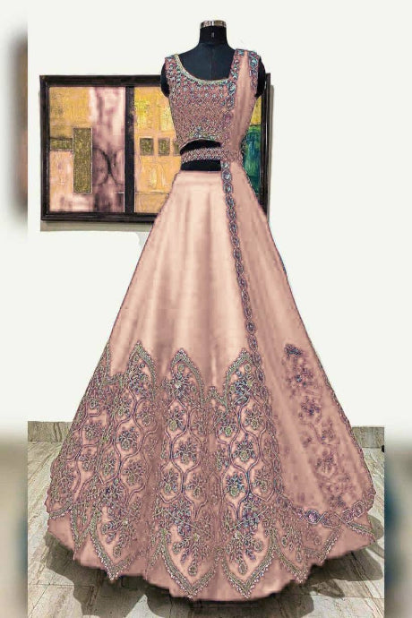 Satin Silk Embrodirey Work Mirror Lehenga Choli light pink Color