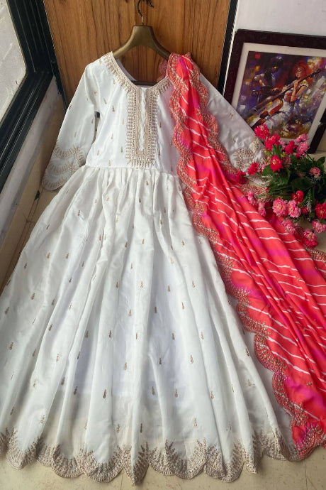 white color Silk Embroidery Work gown for women