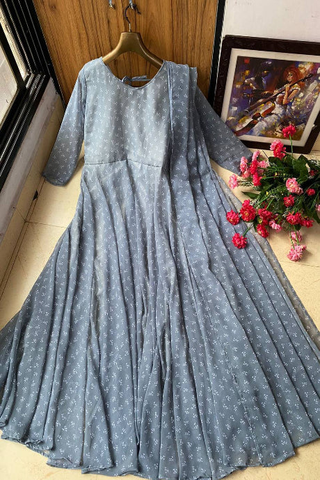 grey color Layered Soft Net Jardoshi Embroidery Work gown for women