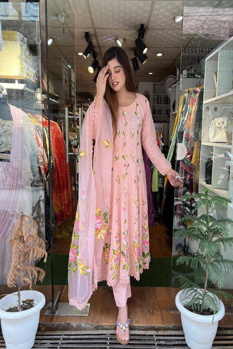 light pink color Arrival Elegant Look Printed Beige Layered gown for girls