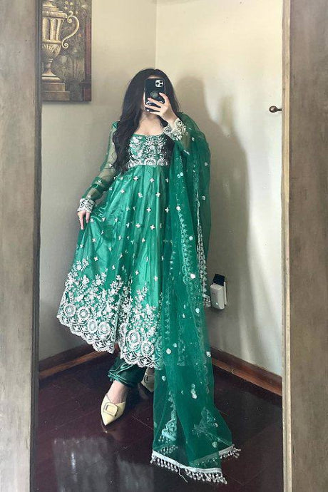 green color Fashion Designer Pure Silk Jardoshi Embroidery Work gown for girls