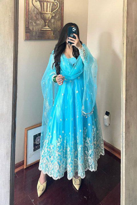 sky blue color Work Net Jardoshi Work gown Collection For girls