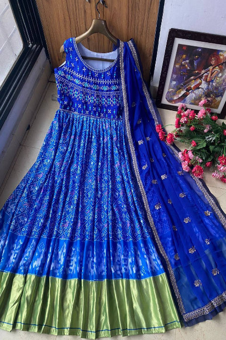 blue color Embroidered Attractive Party Wear Art Velvet gown for girls