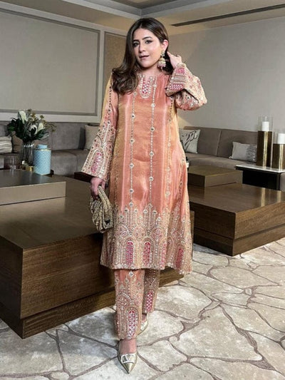 Fashionable Pure peach color Cotton Silk Printed Hand Work Designer Fancy Kurti