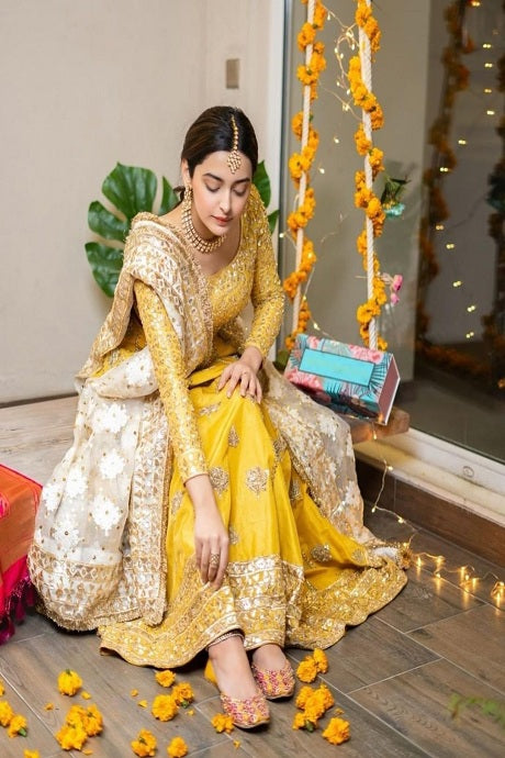 yellow color Full Heavy Latest Printed/Hand Work Organaza Silk Lehenga Choli for birde