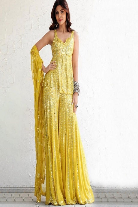 yellow color One Piece Soft Silk Jardoshi Work Lehenga Choli for bride