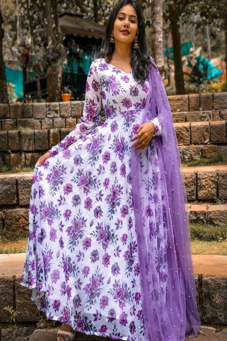 Fancy purple color Party Wear Embrodiery Work gown For Girls