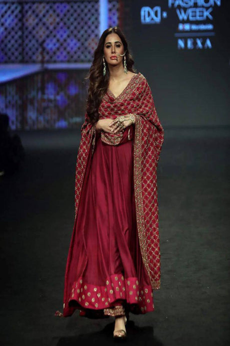 maroon color Soft Net Latest Fancy Jardoshi Embroidery Work gown for girls