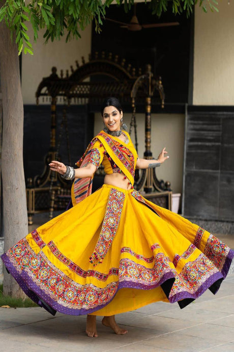 yellow Color Mirror Jardoshi Work Net Lehenga Blouse Design for bride