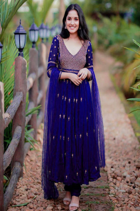 Fashion Pure Silk Heavy Jardoshi Work blue color gown for girls