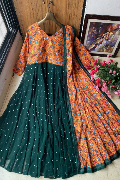 multi Color Soft Silk Designer Printed Embroidery Work gown for girls