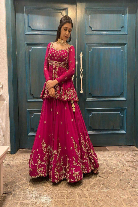 Embroidery Mirror Work Designer pink color gown for bride
