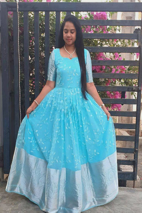 Hand Work sky blue Color Silk Jardoshi Work gown for girls