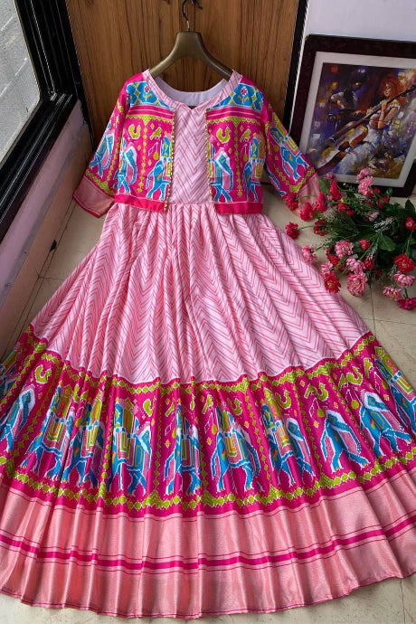 pink color Attractive Party Wear Silk Embroidery gown for girls