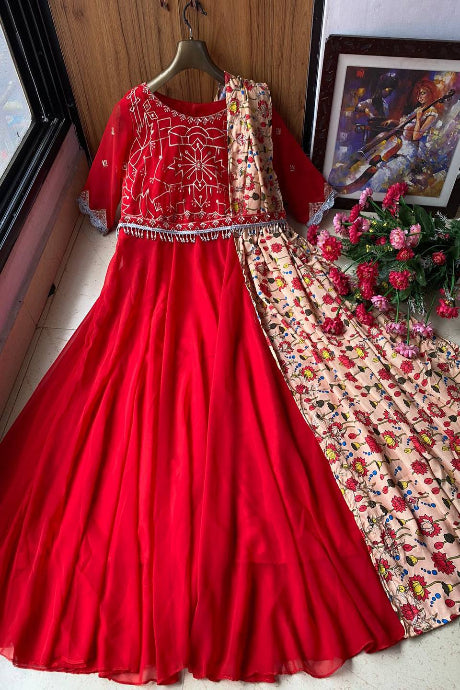 multi Color Layered Silk Fancy Latest Jardoshi Work gown