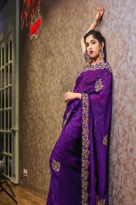 Cherubic purple color Silk Embroidery Work saree for women