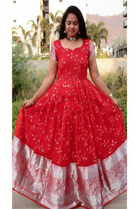 red Color Pure Silk Lowest Price Designer gown for girls