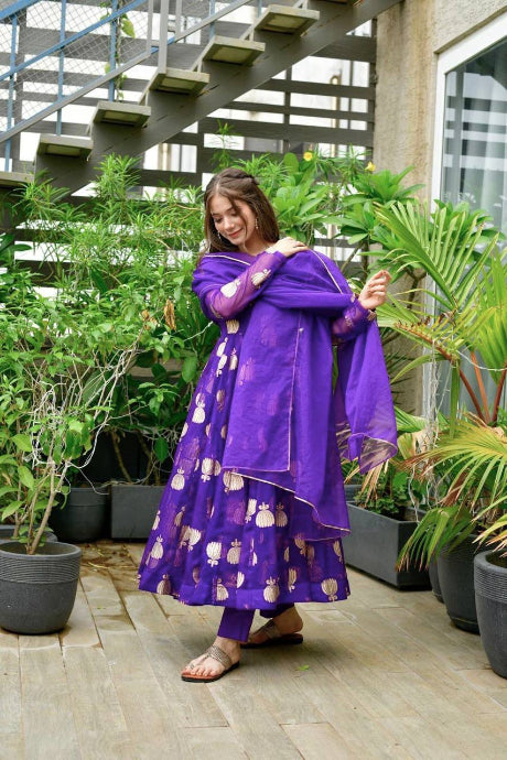 purple color Soft Net Semi-Stitched Net Jardoshi Work gown for girls