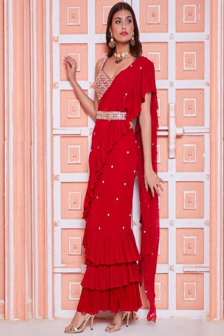 Beautiful Cherubic red Color Velvet Embroidery Work saree for women