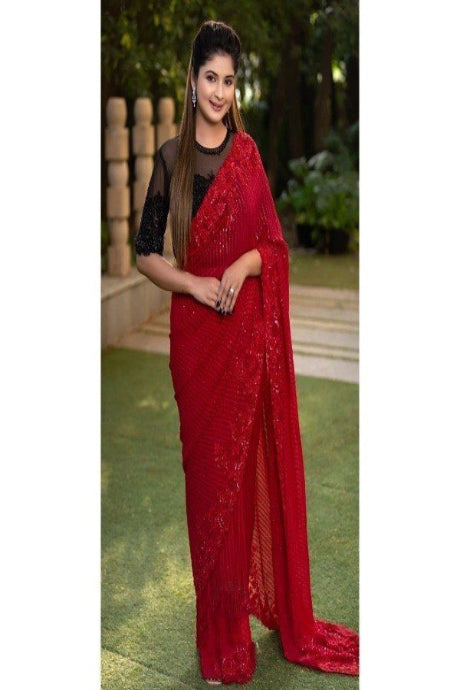 Sabyasachhi red Color Satin Silk With Petticoat saree for women