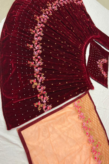 maroon color Royal Cream Heavy Embrodey/Hand Work Satin Lehengha Choli
