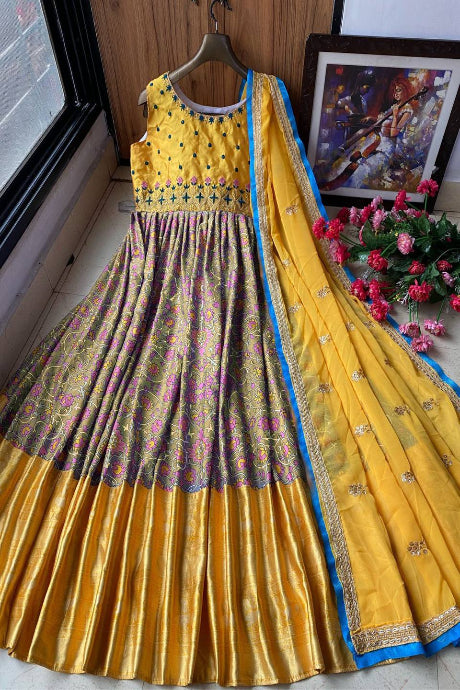 yellow color Art Ominous Silk Semi Stitched Velvet Mirror gown for girls