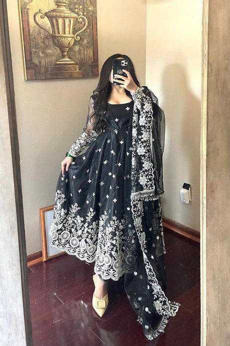 black color Fashion Designer One Piece Pure Silk Embroidery Work gown for girls