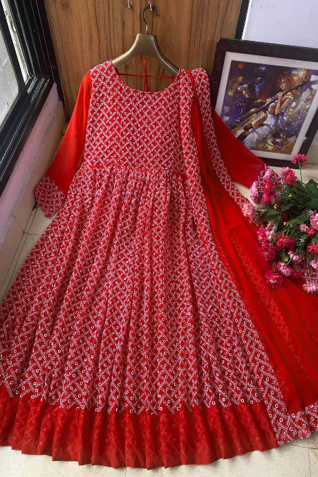 red color Party Wear Net Jardoshi Work gown for girls