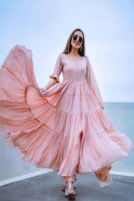 light pink color Net Embroidered Blouse Net gown for girls
