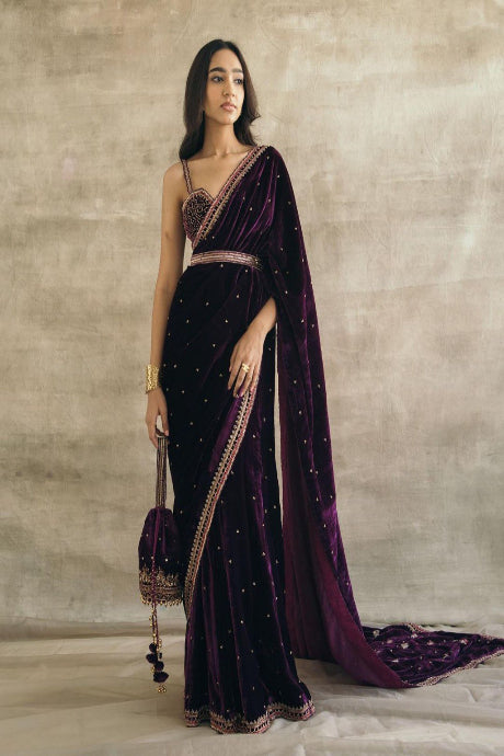 Tapeta Silk Heavy Box Pattern Round dark purple color Embroidery Work saree for women