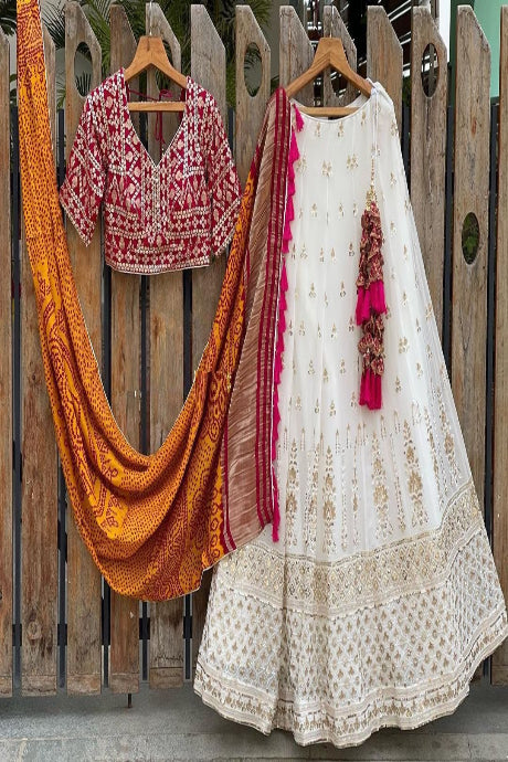 white Color Jardoshi Embroidery Work Designer Lehenga For Girls