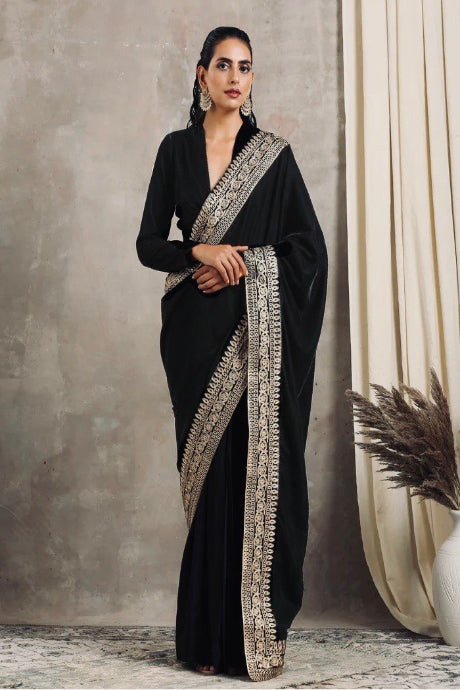 Art Silk Embroidery Mirror Work black color saree for women