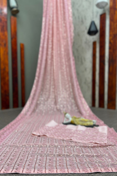 pink color Velvet Frill Embroidery Work Designer saree for women