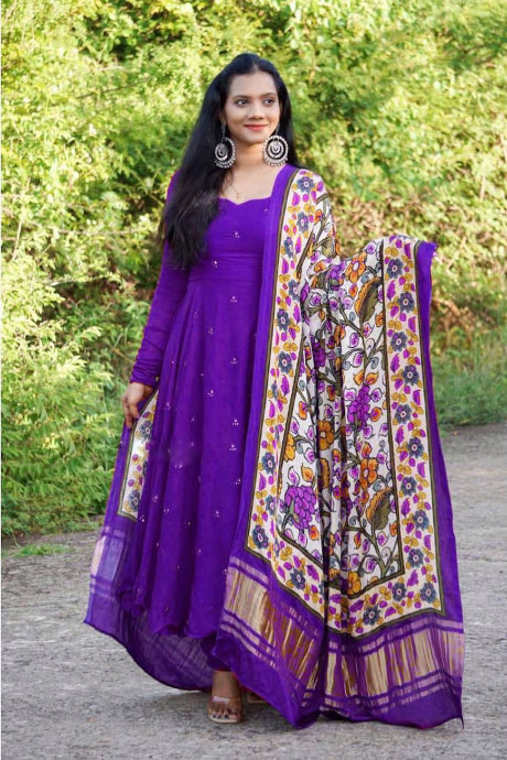 purple color Party Wear Georgette Embroidery Work gown for girls