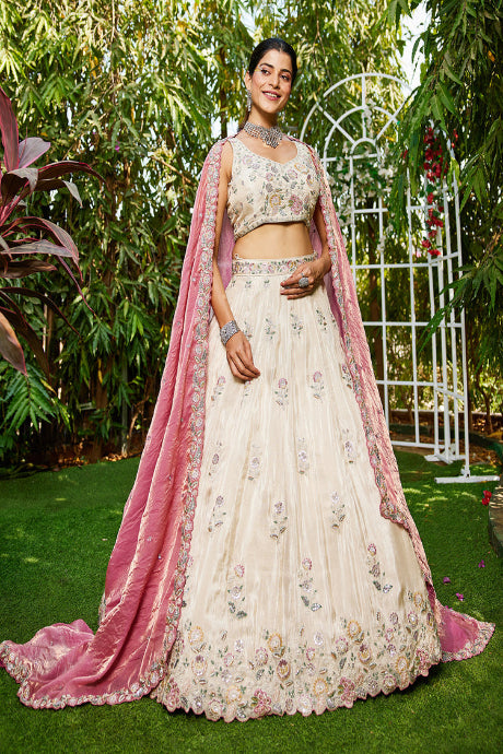 White Color Silk Festival Wear Chiken Work Lehenga Choli for bride