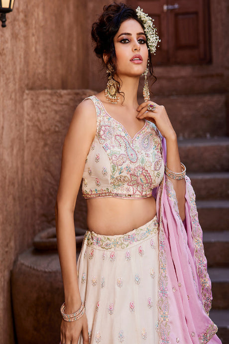 white color Heavy Box Pattern Round Net Lehenga for bride