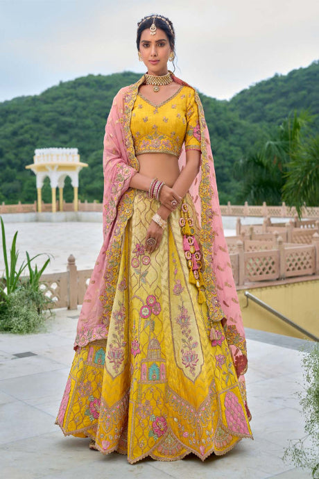 yellow color Attractive Party Wear Jardoshi Work Lehenga Choli Online for bride