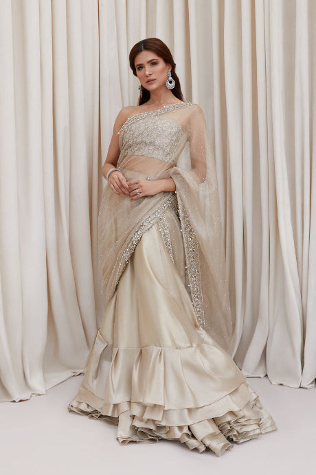 White Color Pure Designer Attractive Fancy Occasion Wear Lehenga Gown