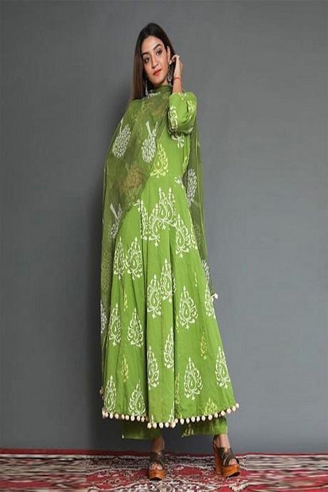 Designer Cotton Green Color Foil Print Heavy Kurti Online