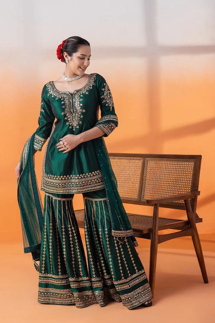 Party Wear Silk green color Salwar Suits Designs For Women